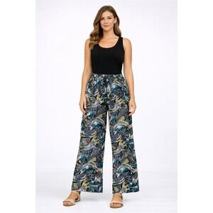 Women's Boho Wide Leg Palazzo Pants Teal/Black/Gold Print Stretch Waist Size 2